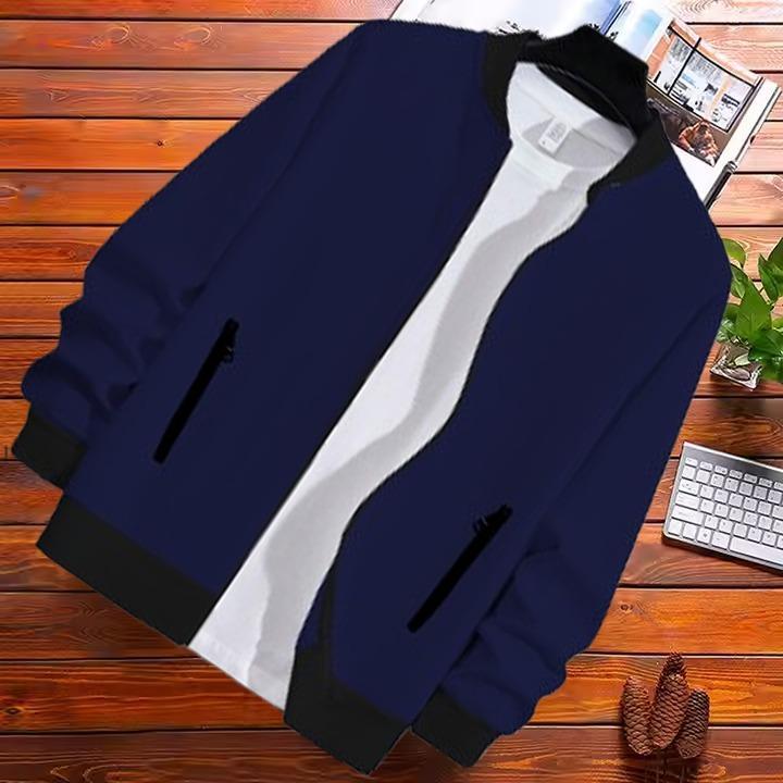 Men's Fleece Bomber Jacket  - Blue, Plain Pattern