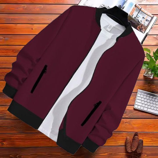 Men's Fleece Bomber Jacket - Maroon, Plain Pattern